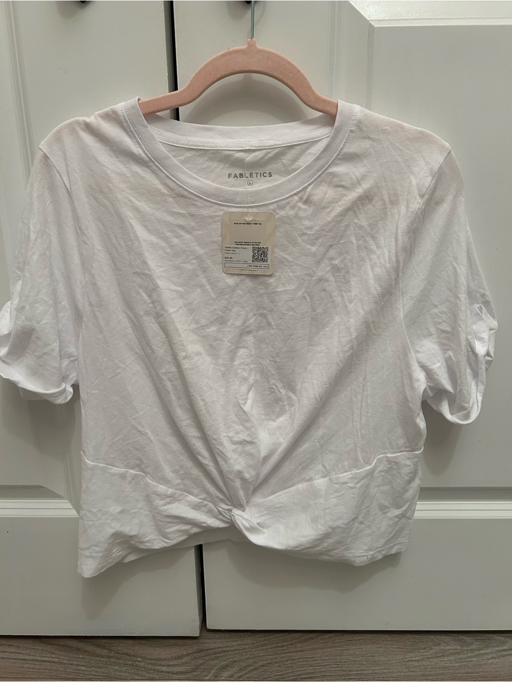 NWT: Fabletics White Short Sleeve Tie-Front Tee Large Cotton Basics Athletic